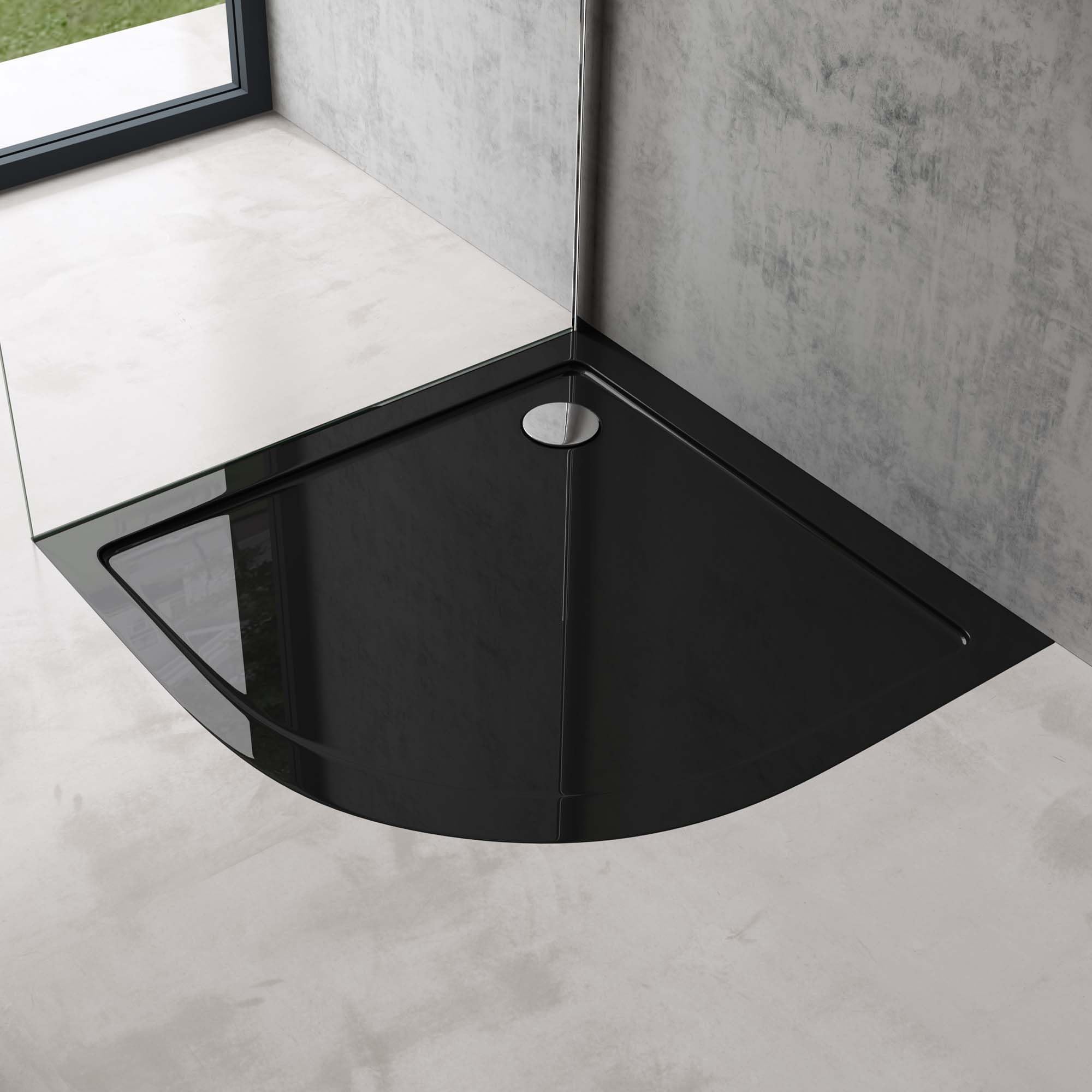 doporro Receveur de Douche Quart de Cercle Extra Plat 90x90x4cm | Bac à Douche, Acrylique, Noir, avec Bonde AL01, Faro3