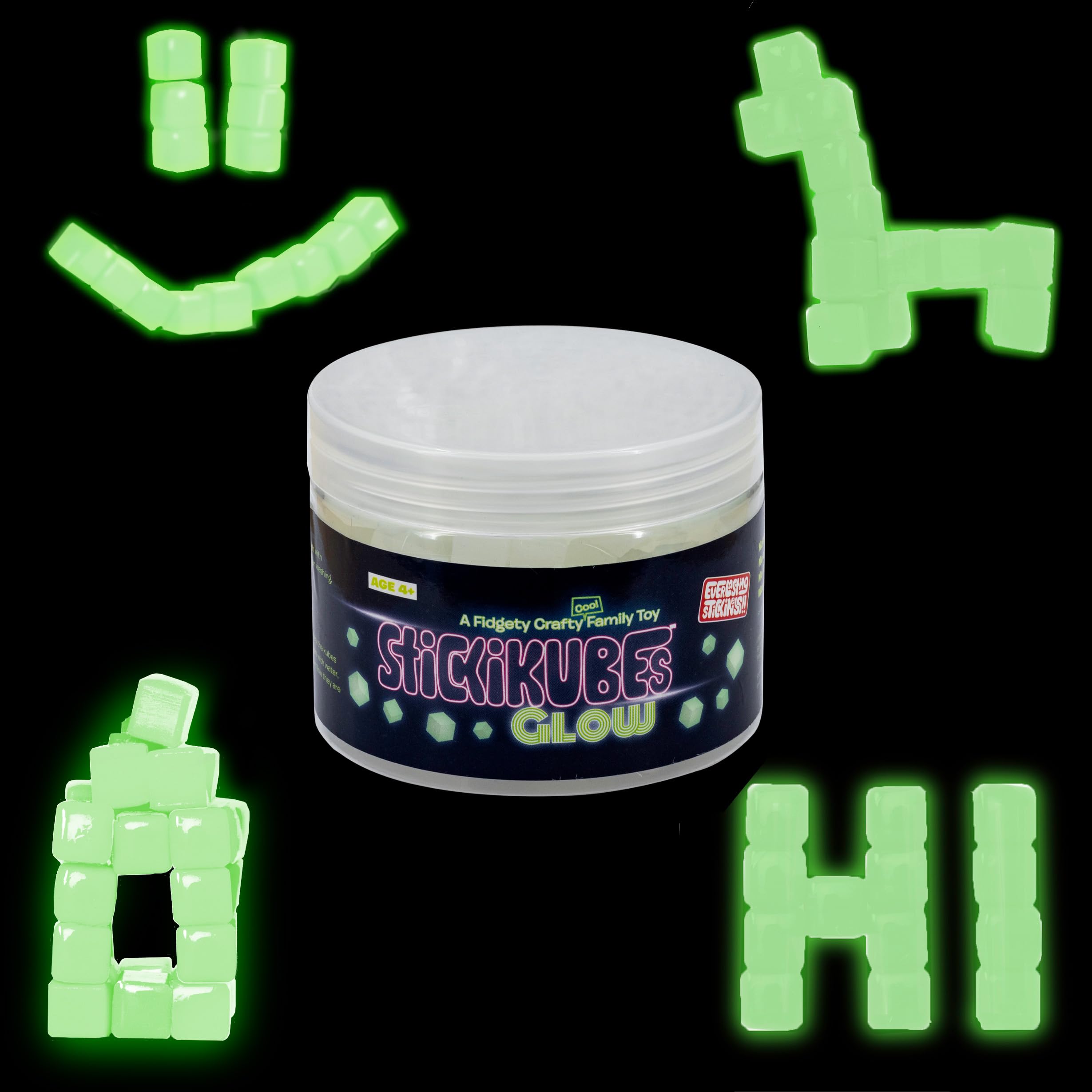 KOMARC GAMES StickiKubes, Mini Stacking Cubes That Stick to Anything, Non Toxic Kid Safe Sticky Blocks, Creative Construction Toy - 125 Cubes, Glow in The Dark, Tub