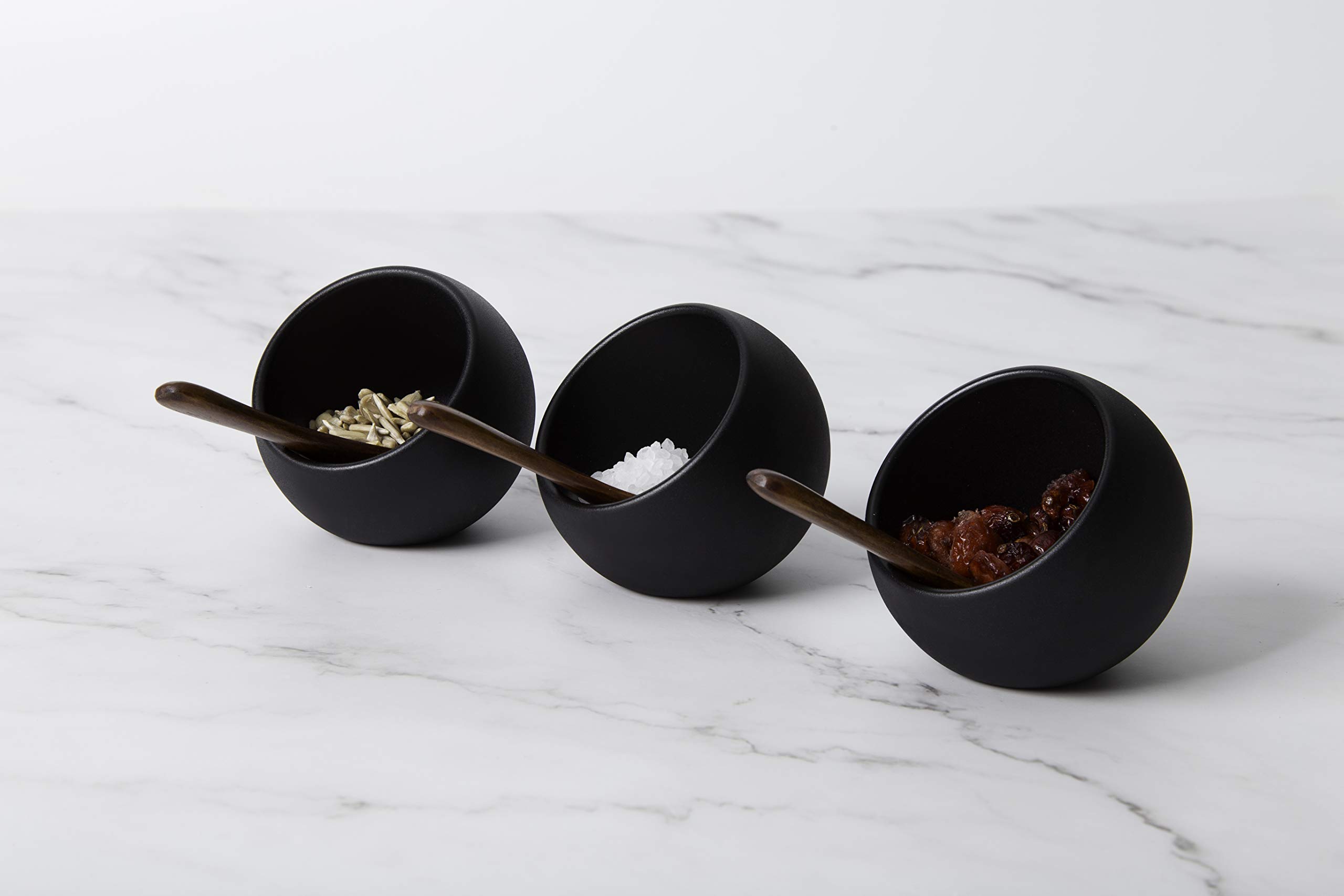 APS Service de Table Moon - Ensemble de 6 pièces : 3 Bols en mélamine (Ø 8cm) + 3 cuillères en Bois, Noir