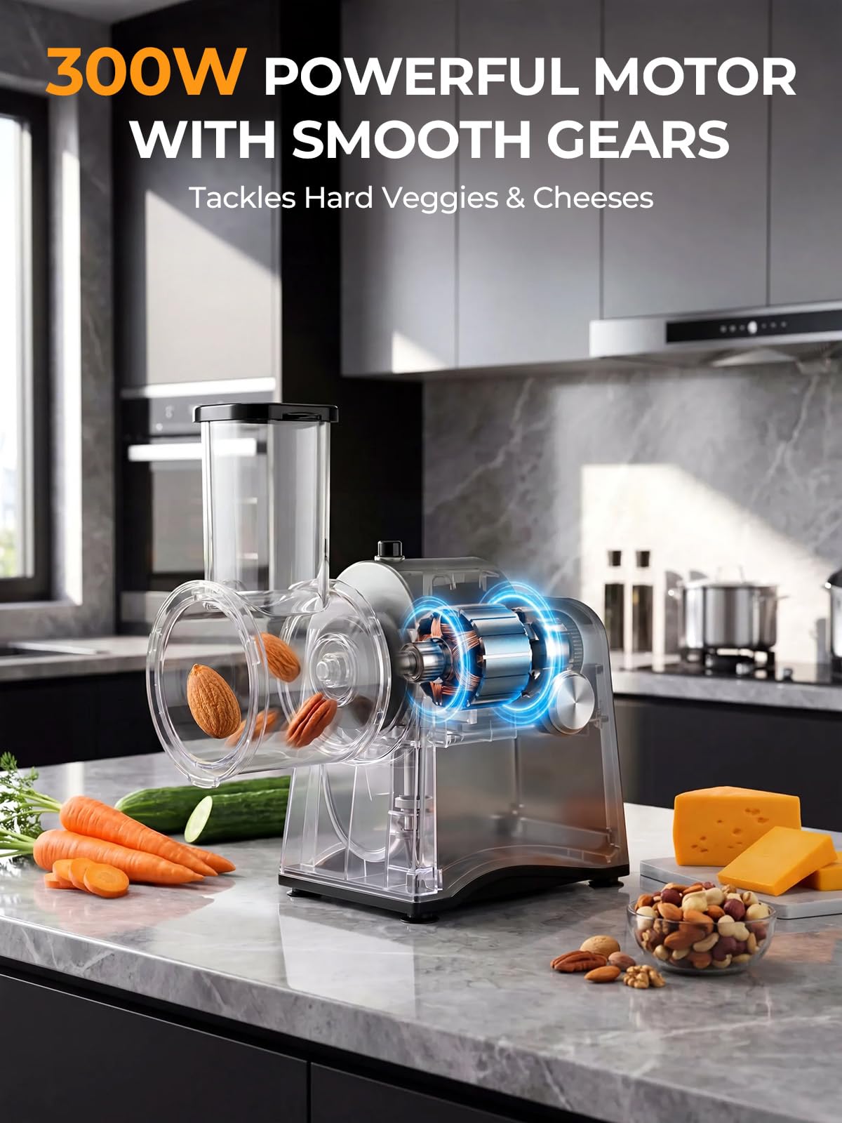 FOHERE Rallador de Queso Eléctrico 300W & Cortador de Verduras | 6 en 1 Cuchillas para Verduras Procesador de Alimentos de un Botón Para Cortar, Rallar y Moler Queso, Verduras