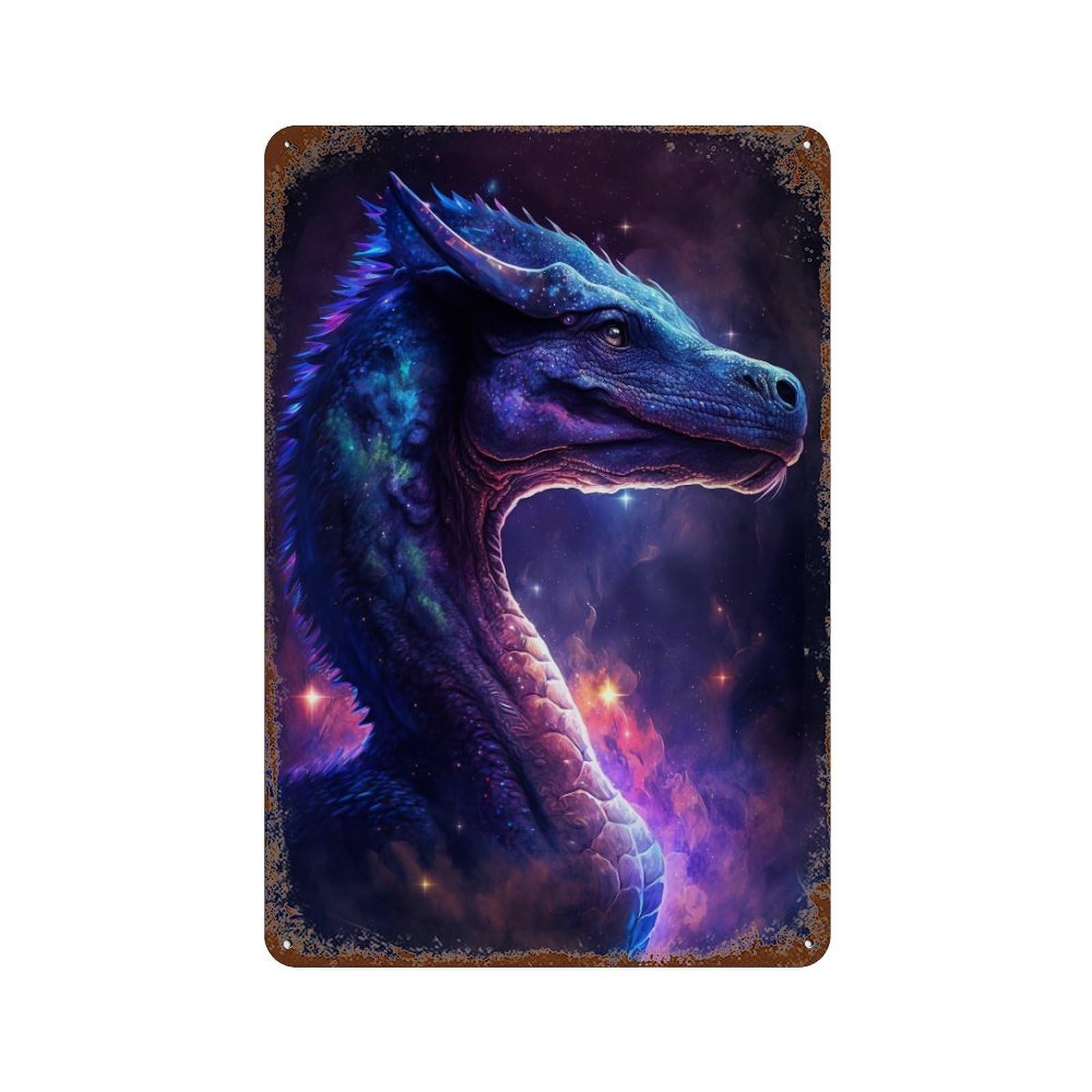 Rusty Metal Tin Sign Galactic Dragon Art Print 11.8"x7.9", Vintage Wall Decor for Shed, Workshop And Garage Wall Decor