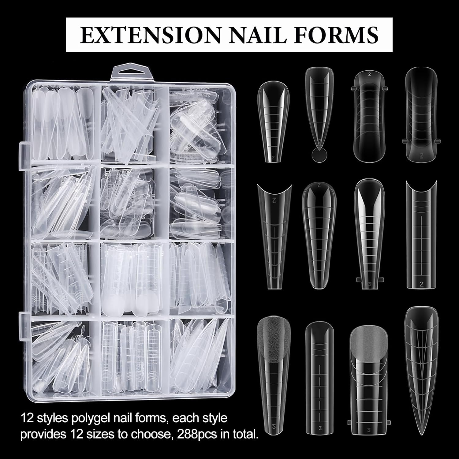 SUTOKAKA 288Pcs Polygel Nail Form Kit for Manicure Extension | 12 styles & sizes, with nail clips, slip solution, brush, file & cuticle pusher, reusable dual molds, beginner-friendly set