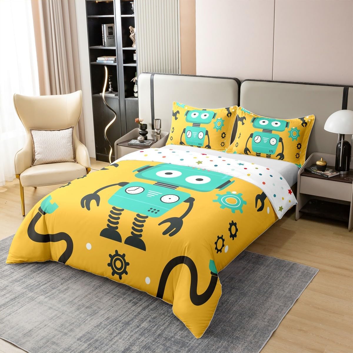 Abstract Robot 100% Cotton Duvet Cover King Kawaii Sci-Fi Robots Bedding Set for Boys Kids Cartoon Funny Geometric Comforter Cover Intelligent Machine Quilt Cover Fashion Room Decor(No Comforter) image 2
