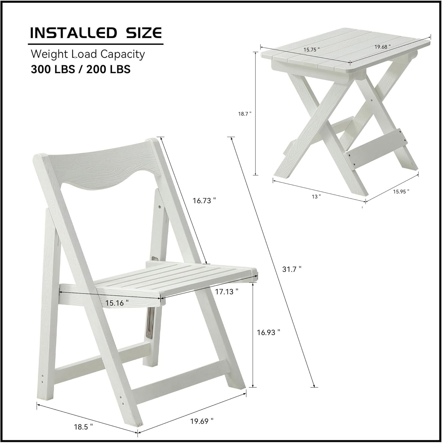 Foldable Small White Table and Chair Set - 2 Chairs & Rectangular Table for Indoor/Outdoor Use