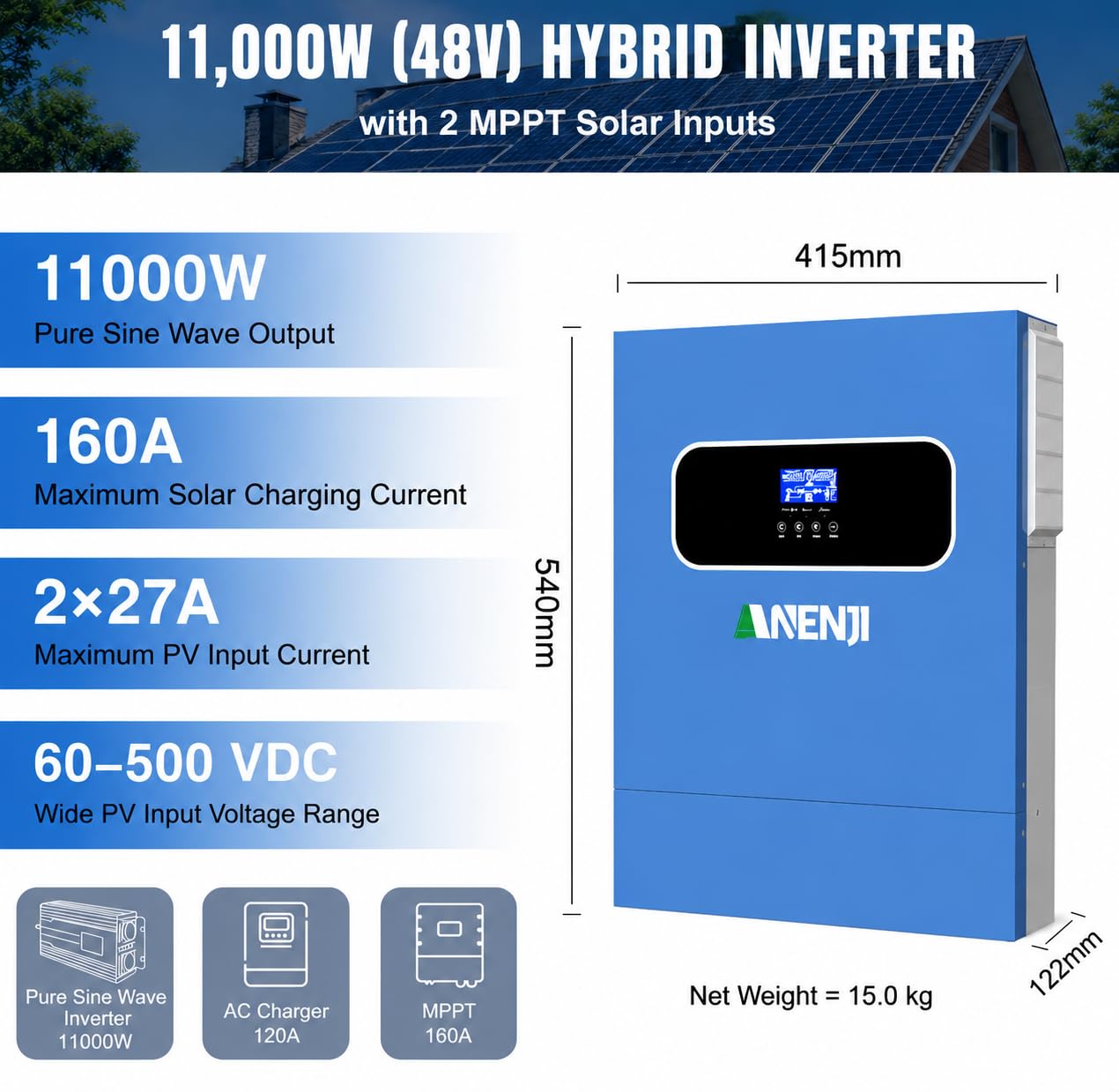 Invertitore ibrido solare da 11000 W, da 48 V CC a 230 V CA, ad onda sinusoidale pura, con MPPT da 160 A, immissione in rete, 2 ingressi PV da 5500 W, funzionamento senza batteria + monitoraggio