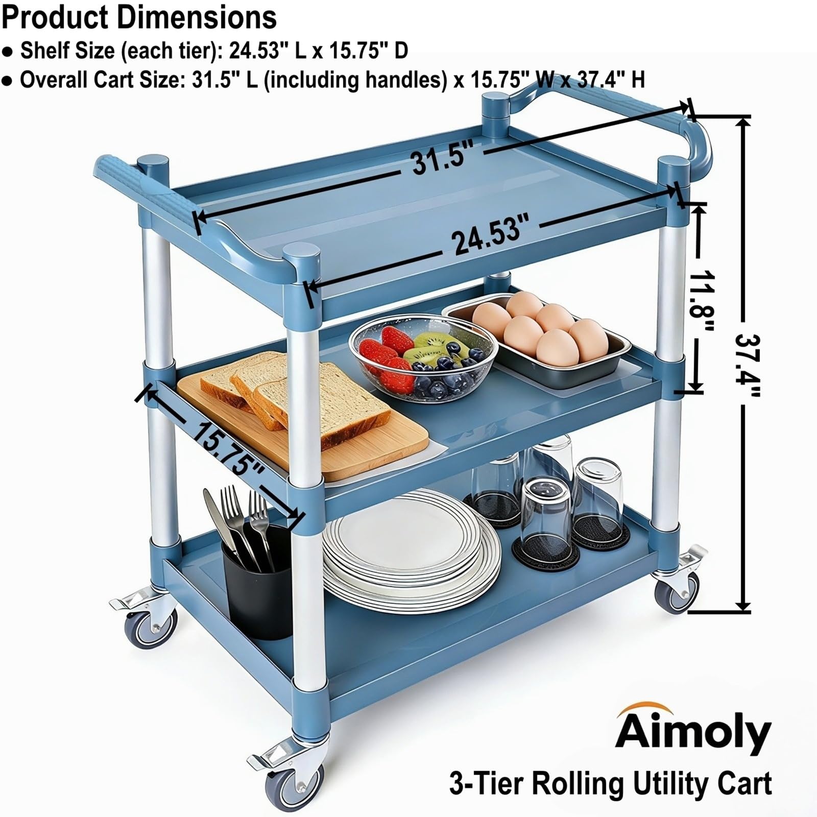 Rollwagen mit 3 Ebenen auf Rädern, 230 kg Kapazität, Mehrzweckwagen, kommerzieller Küchenwagen mit 4 feststellbaren Lenkrollen für Restaurant/Zuhause/Lager/Büro (80 x 40 x 95 cm)