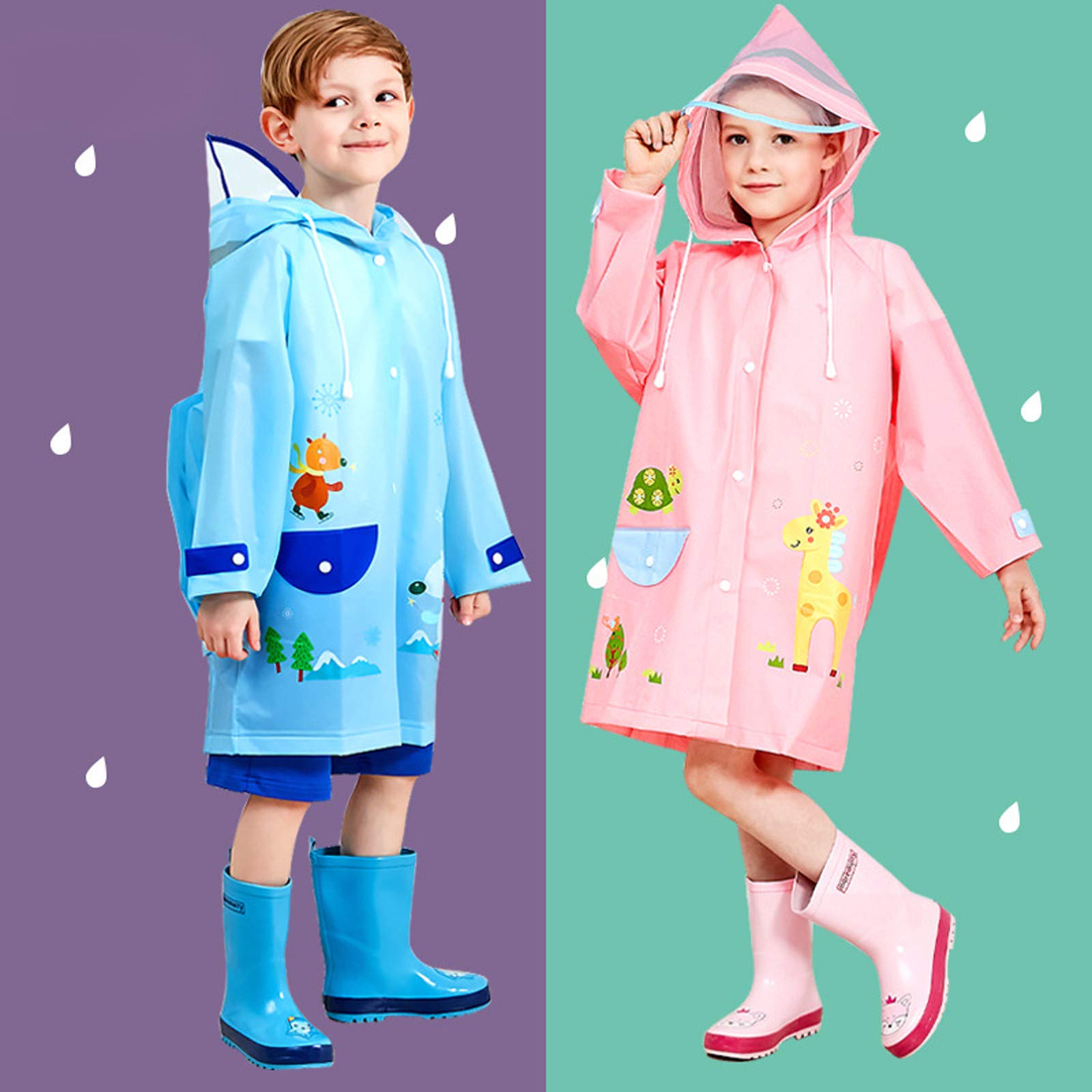 Boy Girl Rain Poncho with Hood Water-Proof Rain Coat Kids Toddler Raincoat Cartoon Schoolbag Portable (Blue, 7-8 Years)