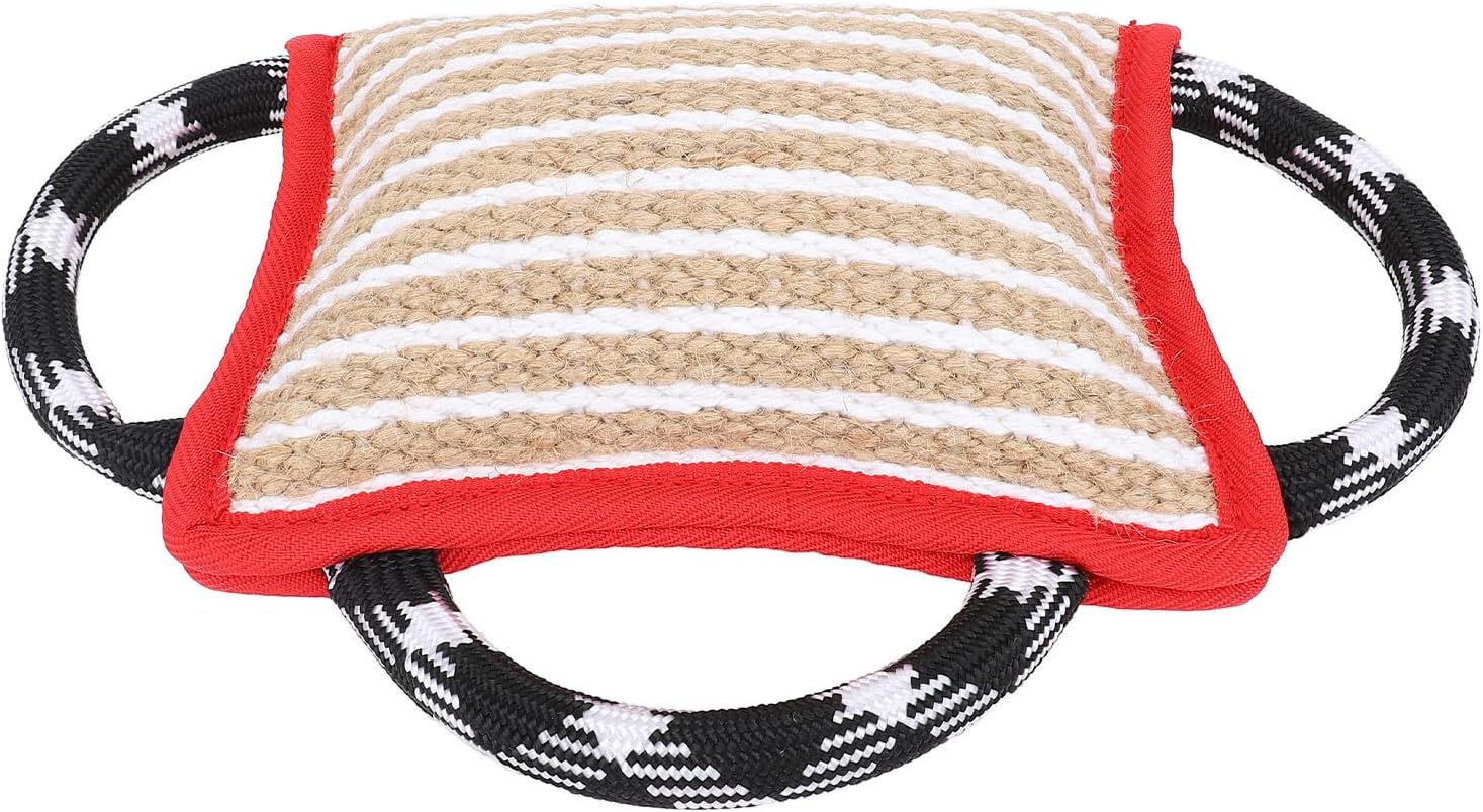 Dog Bite Tug Toy with 3 Strong Handles, Jute Tear Biting Pad Blue 10.2x7.1in - Durable Canine Equipment, Safe Training Tug - of - War, Interactive Exercise for Dogs (Red)