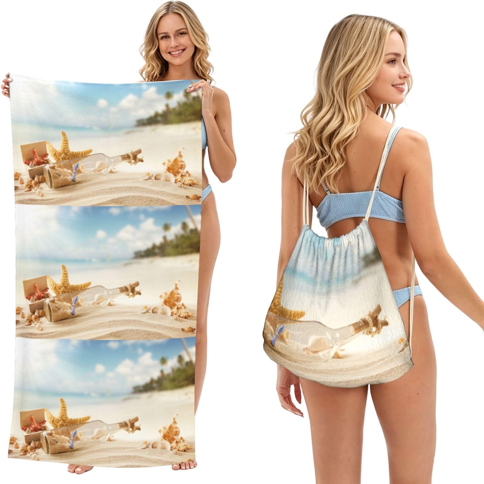 Poadnly Beach Seaside, 2 in 1 Packable Towel Bag, Beach Towels with Drawstring Backpack for Travel Holiday Camping
