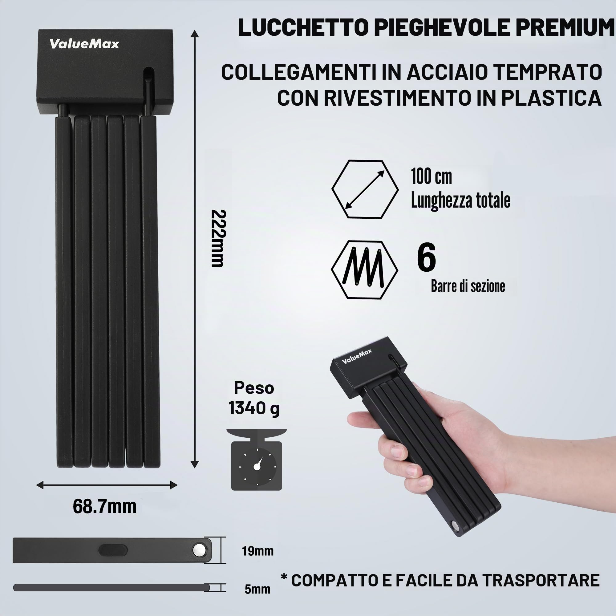 ValueMax Lucchetto Pieghevole Bici 100cm, Lucchetto Antifurto Bici Portatile con 2 Chiavi e Staffa di Montaggio, Adatto per Biciclette, Moto e Porte