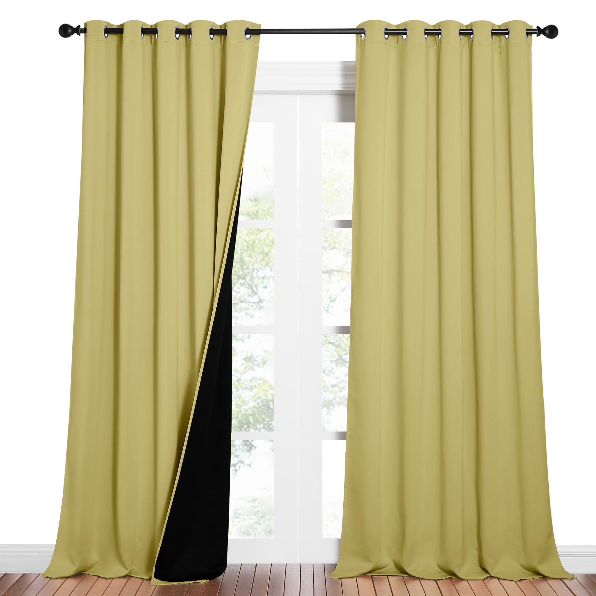NICETOWN Total Shade Curtains and Draperies, Heavy-Duty Full Light Shading Drapes with Black Liner Backing for Villa/Hall/Dorm Window（Paler Yellow, Package of 2 Panels, 62 inches Wide x 95 inches Long