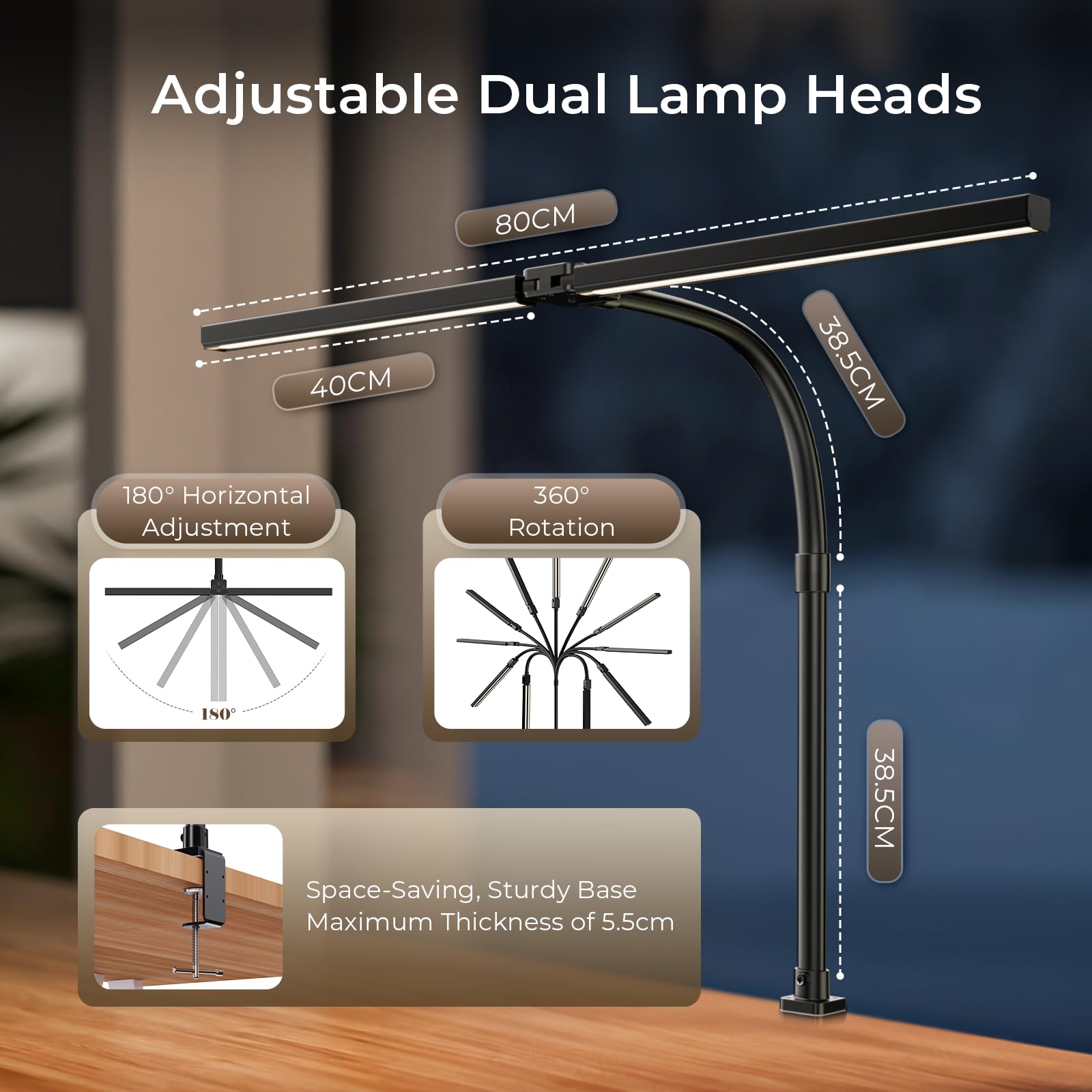 1300LM Doppelkopf Schreibtischlampe LED Dimmbar Fernbedienung, 24W 80CM Klemmbare Monitor Lampe Tischlampe Tageslichtlampe klemmbar desk für Homeoffice Schwenkarm,lamp bürolampe schreibtisch