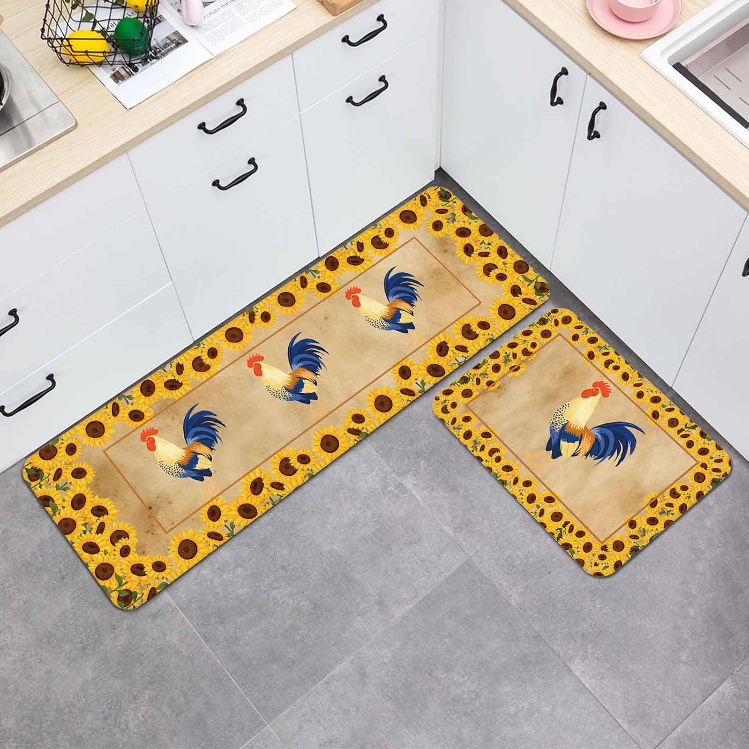 Farmhouse Rooster Kitchen Mat Set 2 Pieces Vintage Yellow Sunflowers Border Rustic Country Non Slip Kitchen Rugs Washable Runner Rug Mats for Floor Sink Laundry Office 23.6" x 35.4"+23.6" x 70.9"