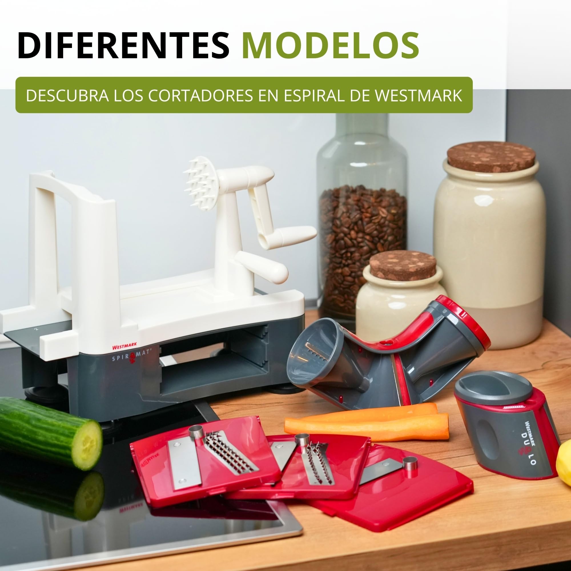 Westmark Cortador en espiral para fideos de verdura, zoodles y espirales de fruta, Con 3 insertos de corte, Cuchillas afiladas de acero inoxidable, Spiromat, Antracita/blanco/rojo, 11332260