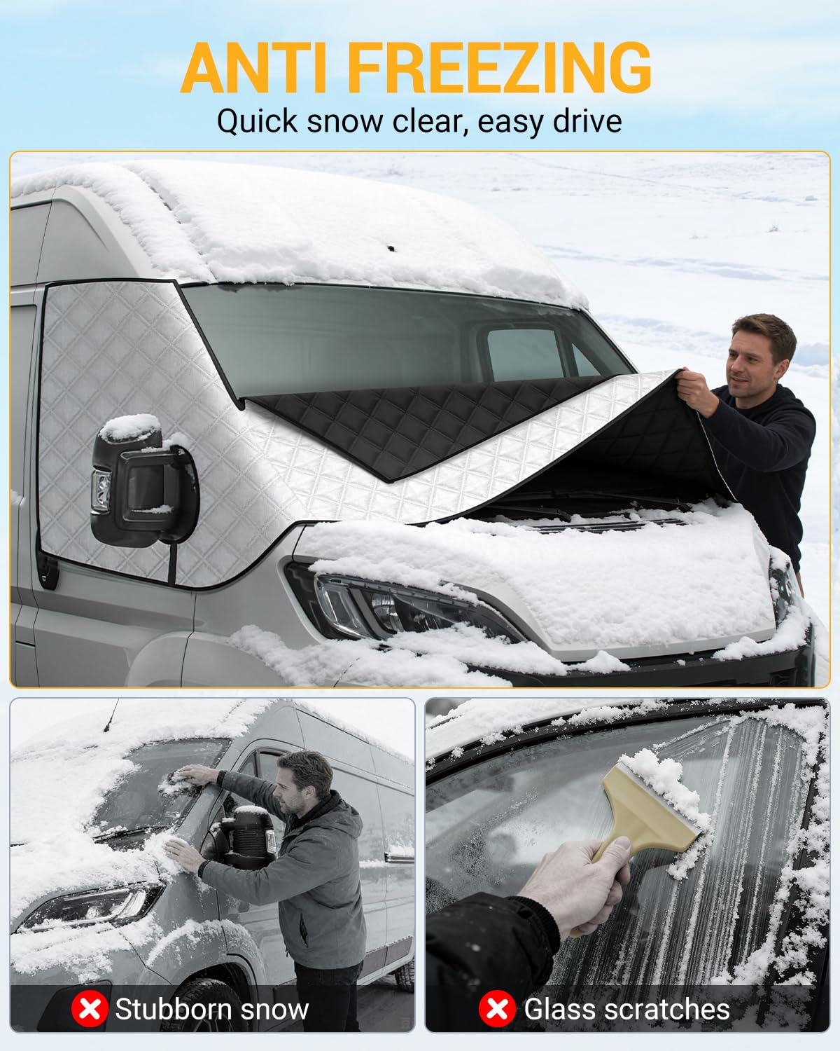 OlaVeg Van Windscreen Protector Aluminium Ducato Thermal Screen Cover Campervan Windscreen Cover with Zips External Waterproof Frost with Magnetic for P-eugeot Boxer C-itroen Relay X250/290 — view 4