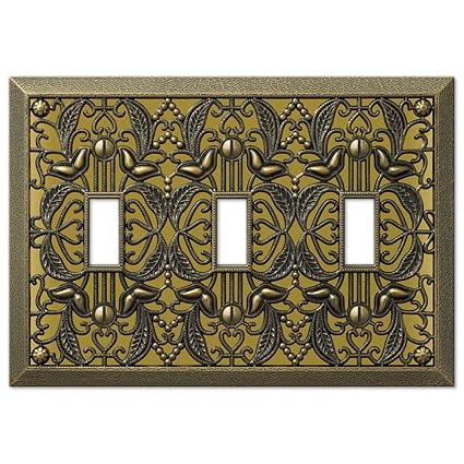 AmerTac 65TTTAB Amerelle Filigree 3 Toggle Switch Wallplate, Antique Brass