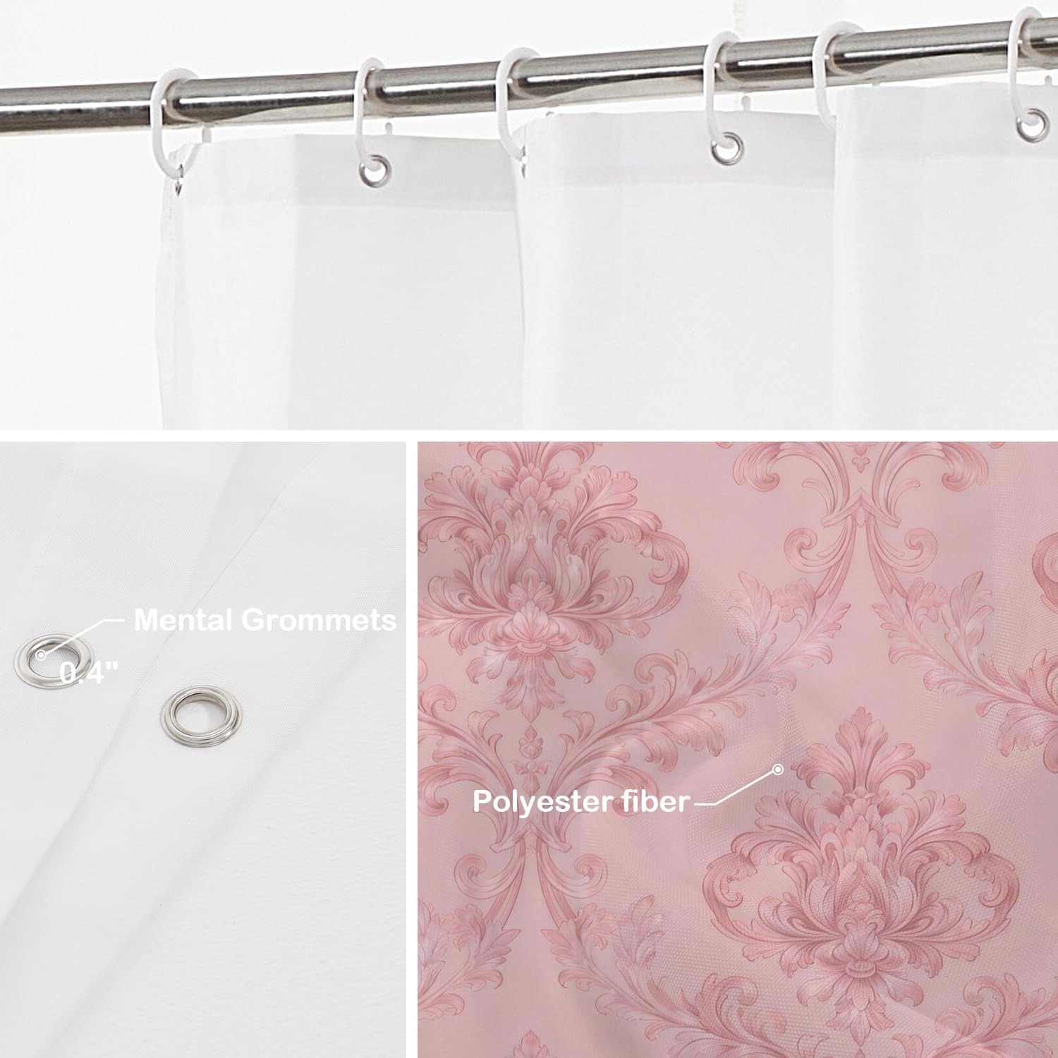 Batmerry Pink Classic Floral Decor Shower Curtain,Pink Chic Elegant Damask Floral Bathroom Decor Polyester Plastic Rings Quick-Drying Waterproof for Bathtubs/Bathroom, 72x72 inches