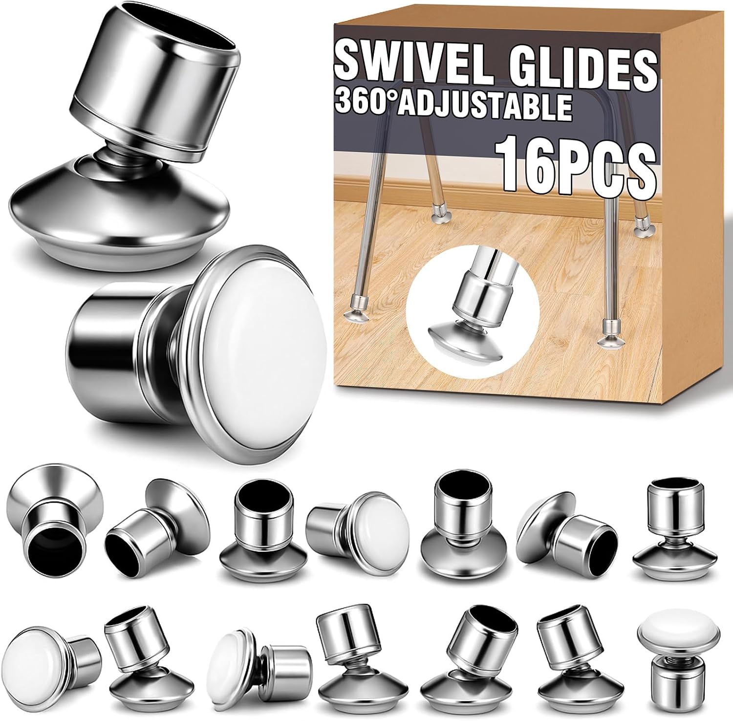 16 Pcs 5/8'' Swivel Glides with Beveled Ferrule for Stacking Chair Nylon Steel Plate Base Replacement Swivel Chair Glide Adjustable Furniture Leveler Feet Nickel Plated