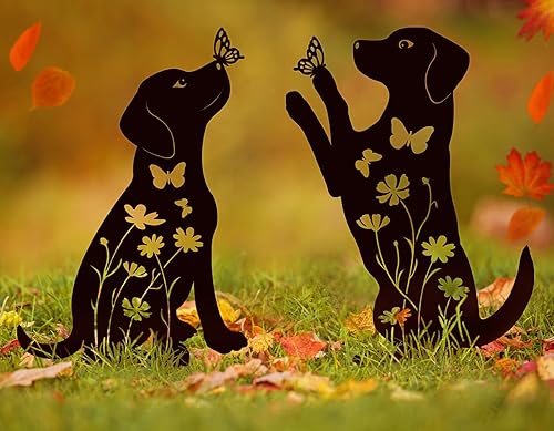 Miniatura 6 de Decoración de jardín de perro de metal para exteriores (paquete de 2), estacas decorativas de jardín para cachorros de 17 pulgadas, silueta de perro