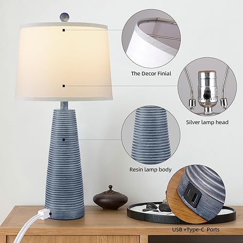 Miniatura 6 de Terpsichore Juego de 2 lámparas de mesita de noche, estilo vintage, rústica, de granja, de 3 vías, luz de rayas horizontales, regulable, adecuada