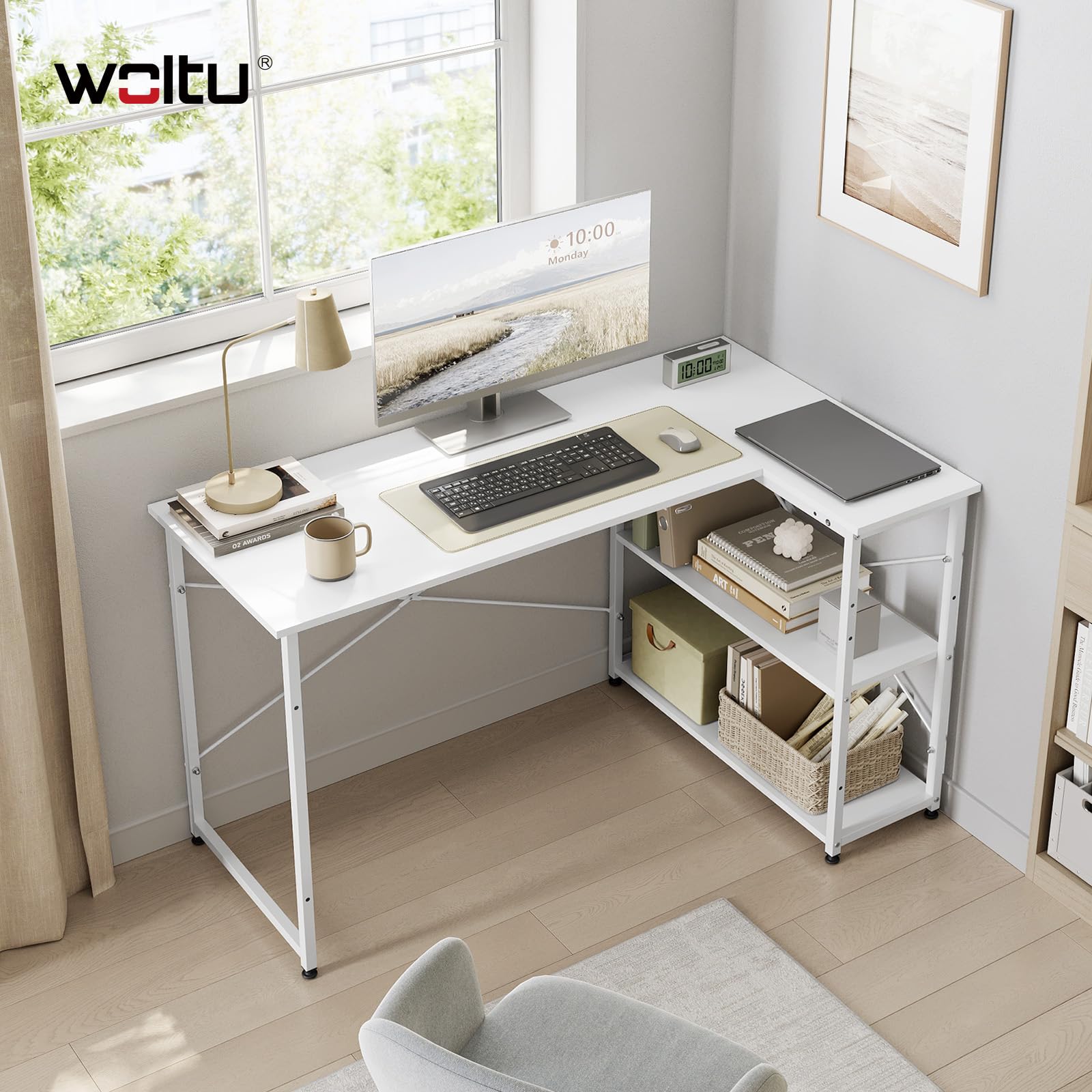 WOLTU Escritorio de Almacenamiento, Mesa Multifuncional | Con Estantería, Blanco Brillante, para Ordenador en Estudio, Dormitorio, 120x73x72 cm