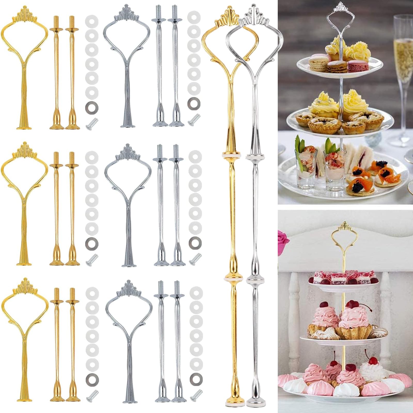 Set 6 Pezzi Supporto Per Torte - Alzata 3 Piani, Colore Oro, Per Matrimoni E Compleanni