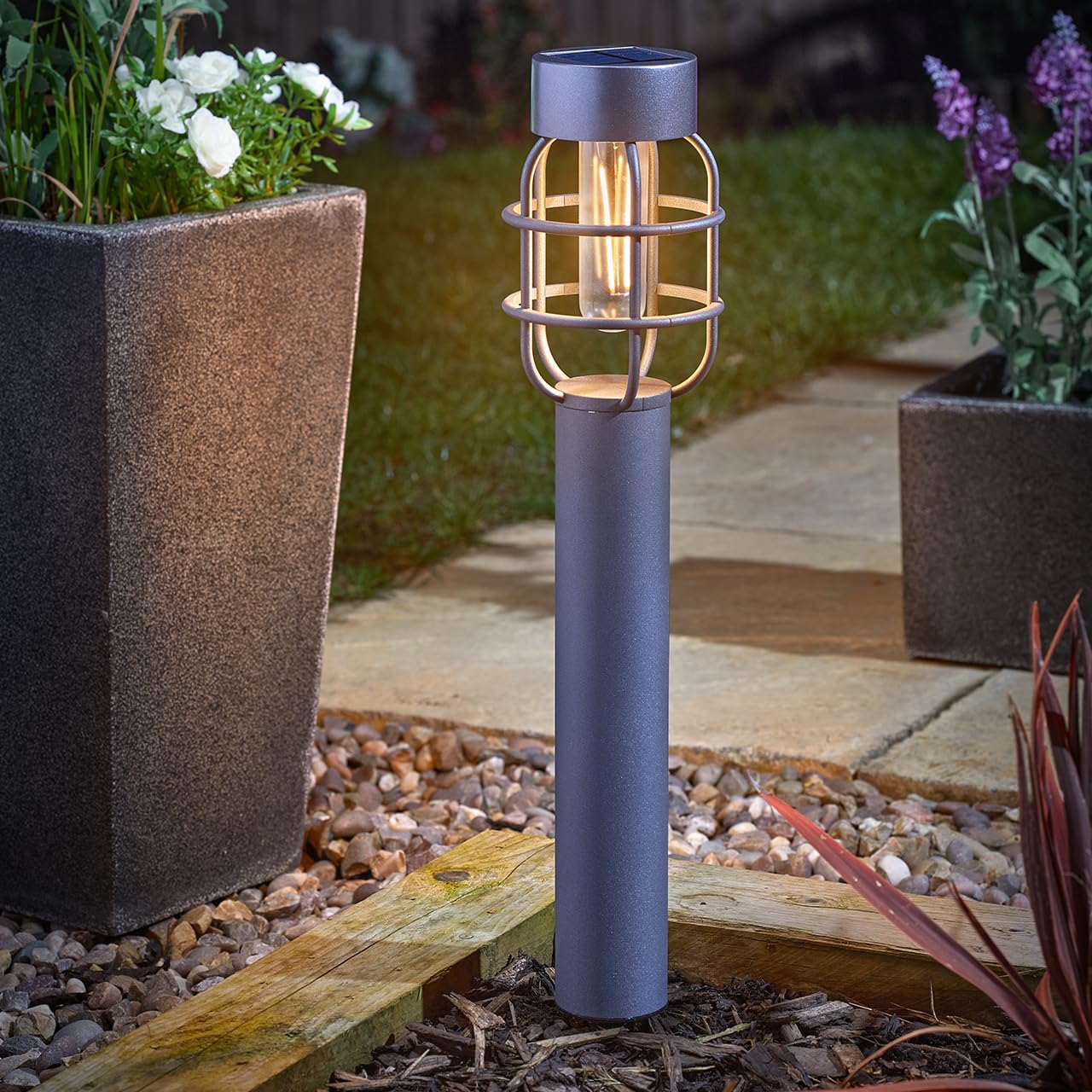Set of 2 Solar Powered Anglia Caged Stake Lights – Weather Resistant Outdoor Garden LED Lighting with 365 Day Illumination for Lawn, Patio, Decking, Pathway, Border, Balcony, Yard – H59cm, Grey