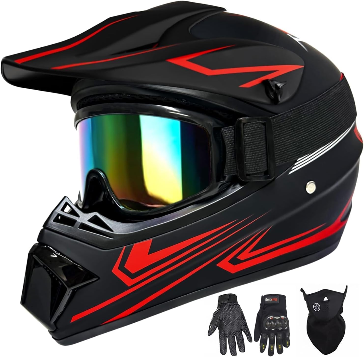 Youth Kids Motocross Helmet, Adult ATV Dirt Bike Helmet with Goggles Gloves & Mask Quick, Full Face Motorcycle Helmet with Quick Release Buckle DOT Certified