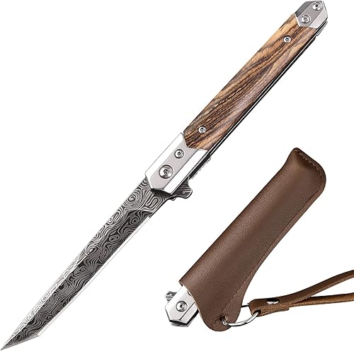Tops Home EDC - Cuchillo de bolsillo para hombre, cuchillos plegables delgados con funda, hoja Tú, mango de madera, cuchillo de caballero de perfil