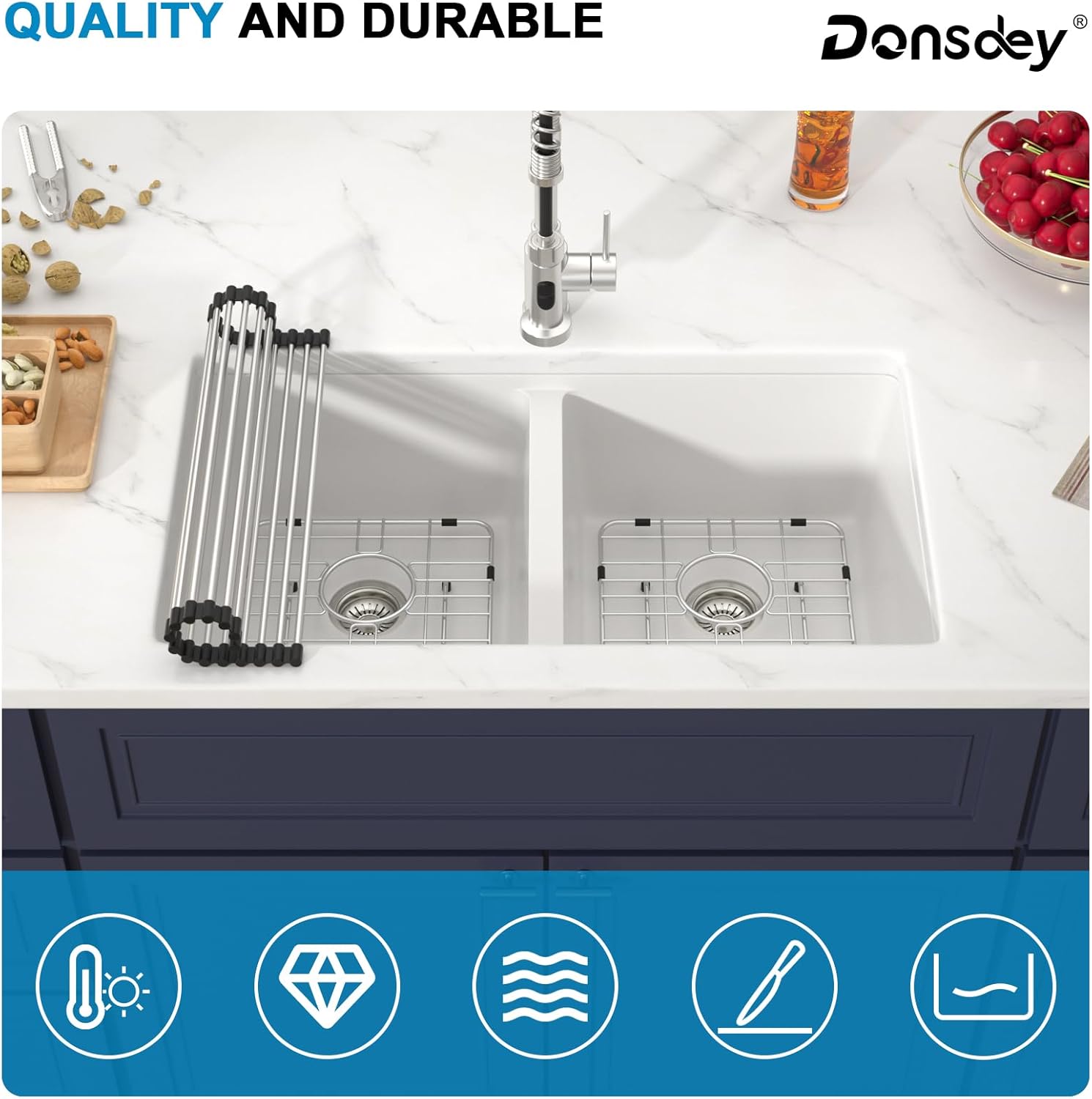 33 Inch Undermount White Granite Composite Kitchen Sink Under Counter Quartz Double Bowl Sinks with Accessories Quick Drain Noise Reduction Home Renovation Classic Style