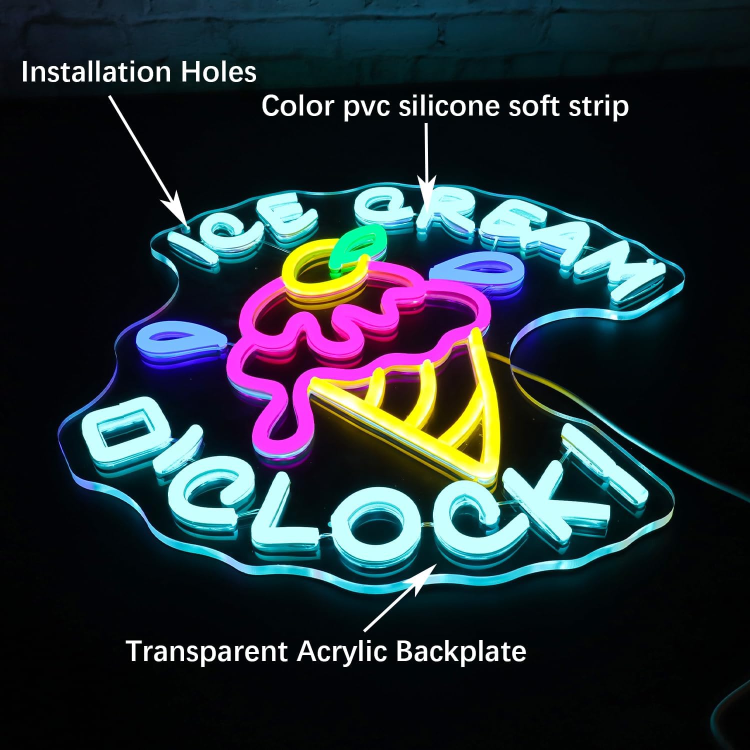 Ice Cream Neon Sign 13.8in*13.8in - USB Powered LED Acrylic Lamp with Dimmable Function for Store, Cafe, Bedroom & More Decor