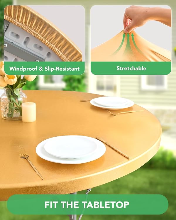 KeyWave Round Fitted Table Covers - 56-60 Inch Spandex Water-Resistant Tablecloth with Elastic, 2 Pack Circle Folding Table Cloths for Party Banquet, Stamping Gold by KeyWave - Used condition - Image 2