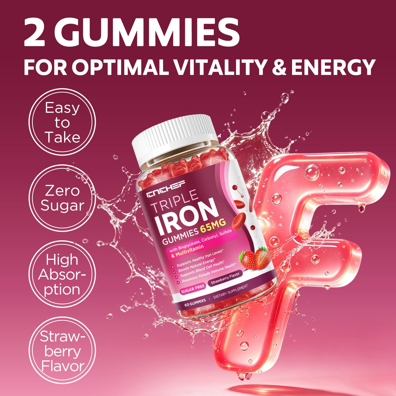 65mg Iron Gummies with Multivitamin, Iron Supplement for Women & Men with Calcium, Folate for Adults, Energy & Immune Health Support for Iron Deficiency, Sugar-Free, Strawberry Flavor, 120 Count — Amazon image 7
