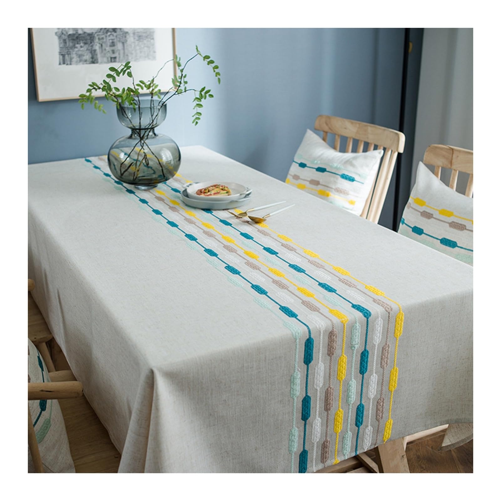 Nappe brodée en polyester haut de gamme 135x300cm verte à rayures chics