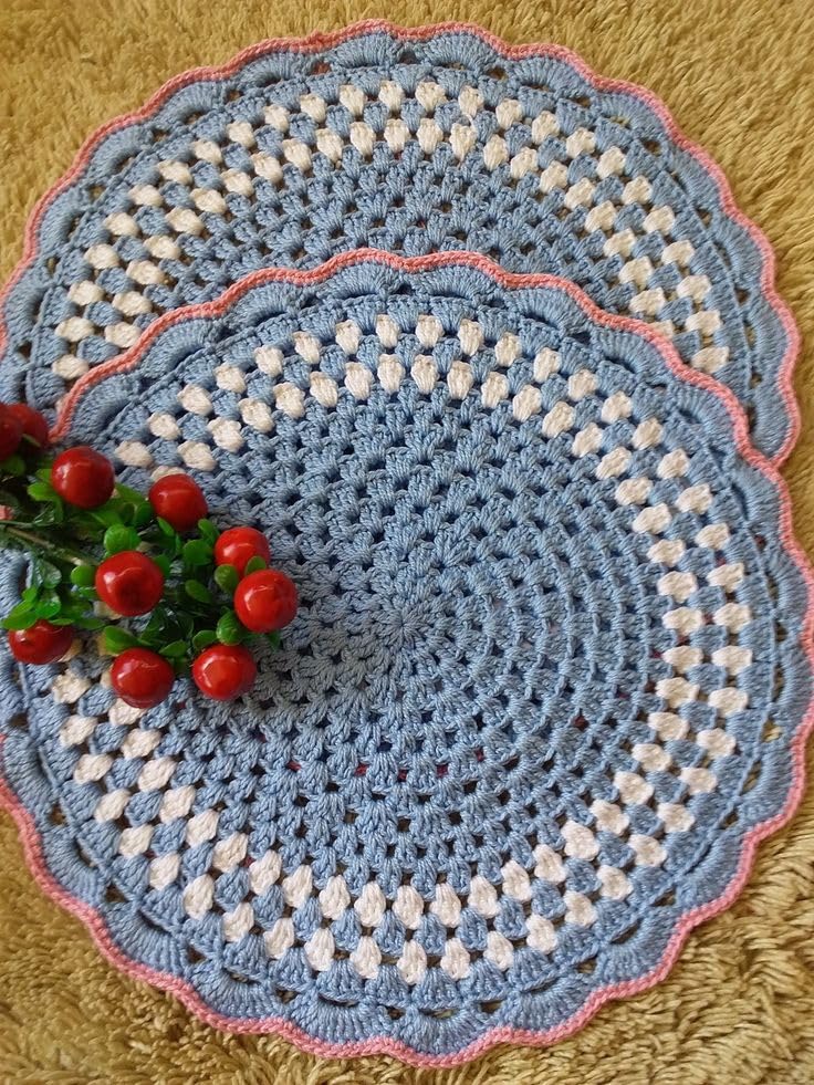 Image of Kavya Craft Present Woollen Handmade Crochet Table Mat /Thal posh (Sky White Peach, 16inch)