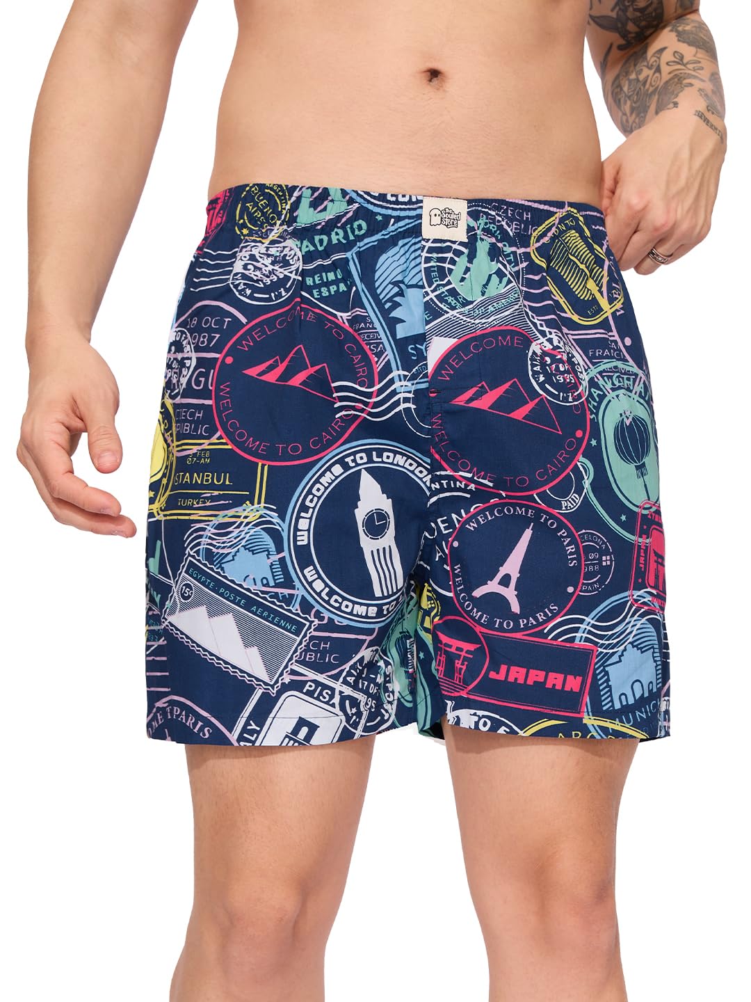 The Souled StoreWanderlust Men and Boys Pull On Blue All Over Printed Cotton Boxer Shorts