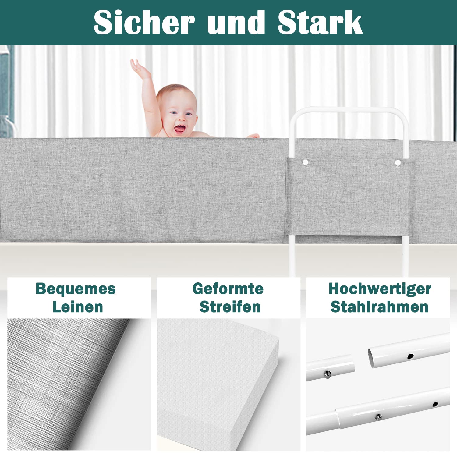 FIVMEN Barrera para cama de 200 cm, 40 – 60 cm, 5 agujeros, altura ajustable, borde de cama flexible