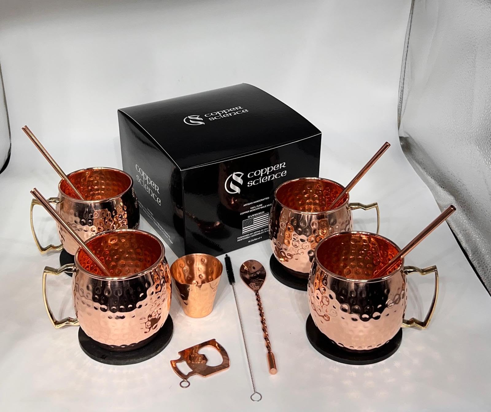 Copper Science Moscow Mule Mugs Set of 4 | 100% Pure Handcrafted Copper Cups with Straws, Shot Glass, Coasters, Stirrer & Bottle Opener | Ideal for Home Bar, Cocktail Gifts & Beer Mugs