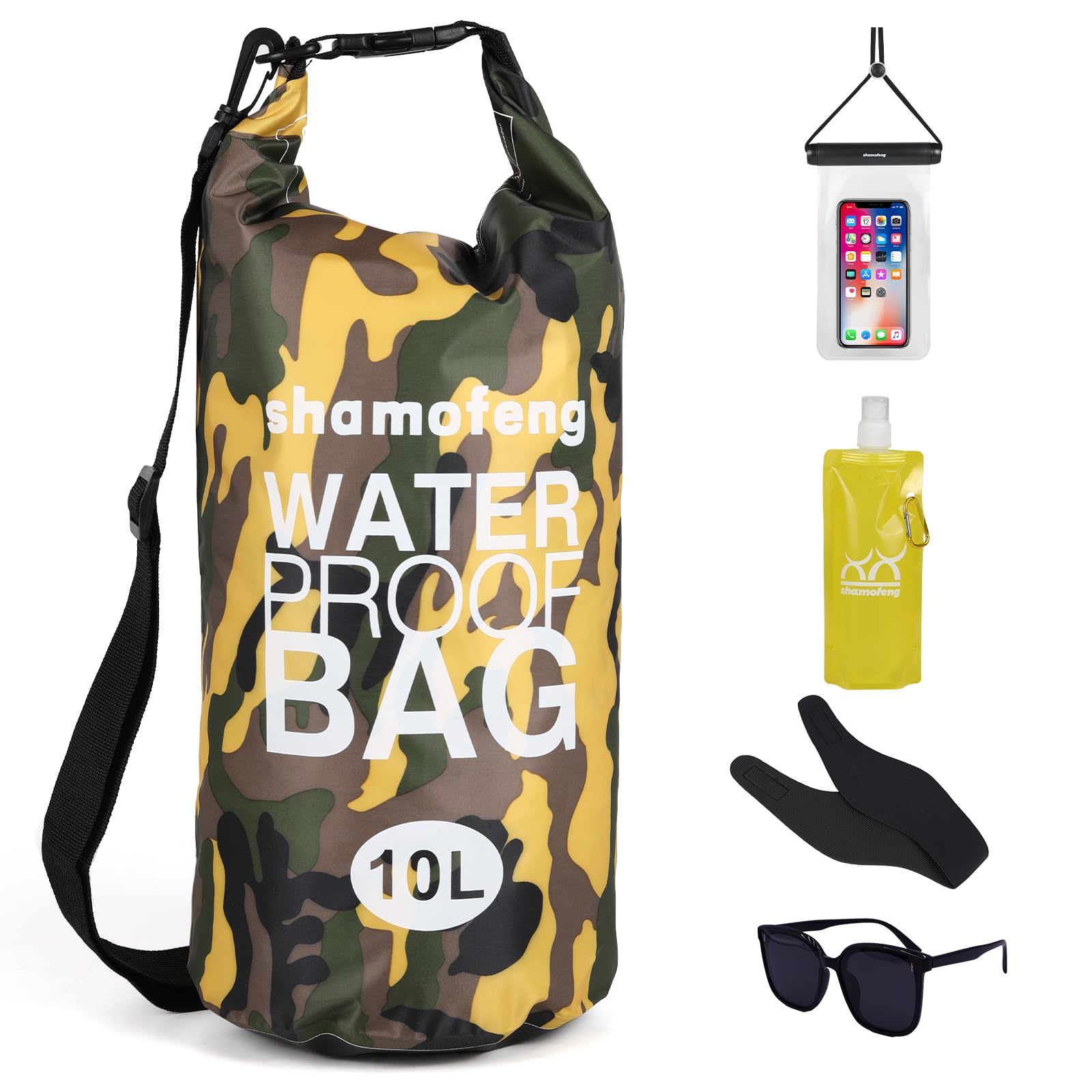 shamofeng Waterproof Dry Bag 5L/10L/15L/20L/30L Roll Top Dry Storage Backpack with Phone Case, Collapsible Water Bottle, Sunglasses, Ear Band for