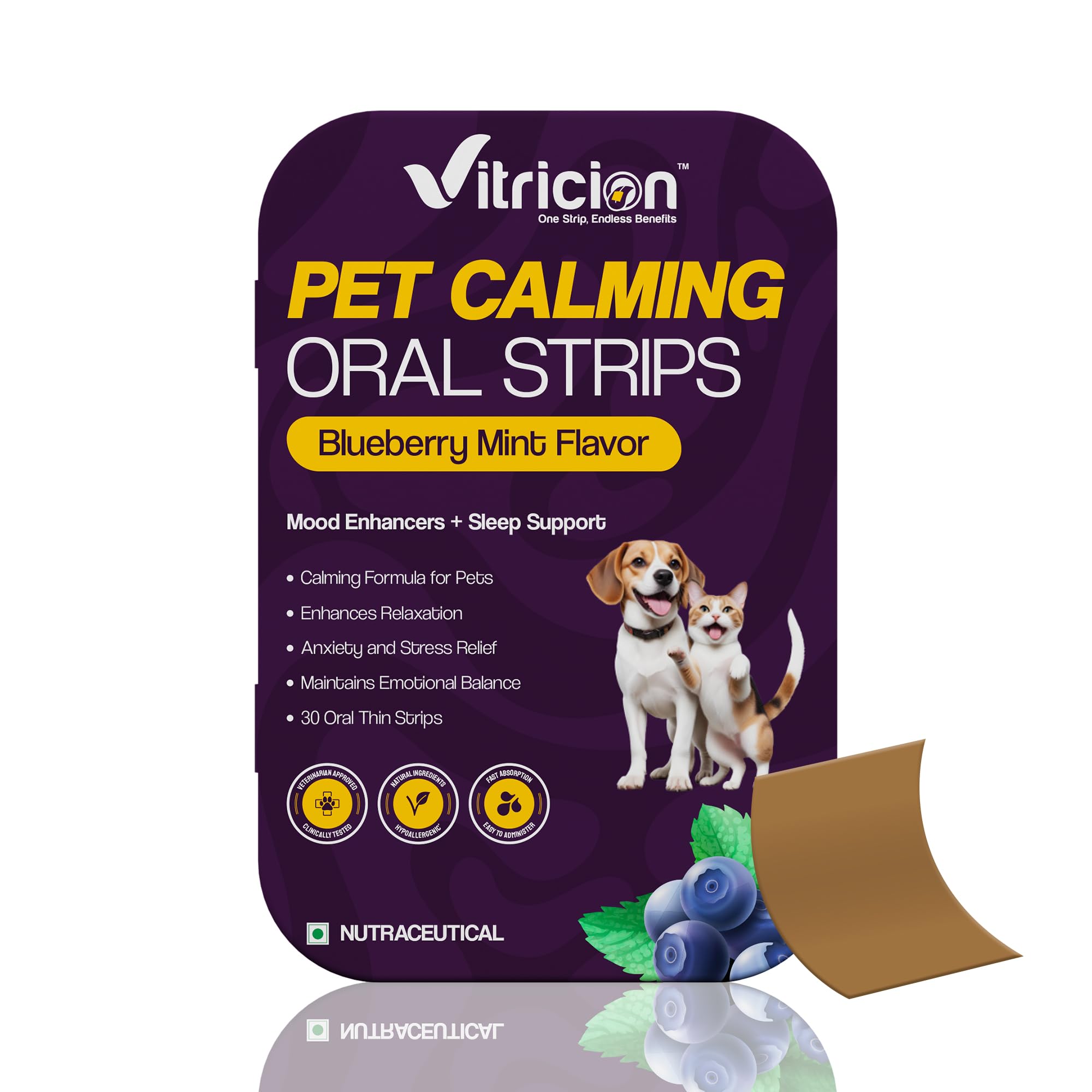 Vitricion Calming Oral Strips for Dogs & Cats | Fast Acting Pet Anxiety Relief with L-Theanine, Chamomile, Tryptophan & Melatonin Behavioral Support