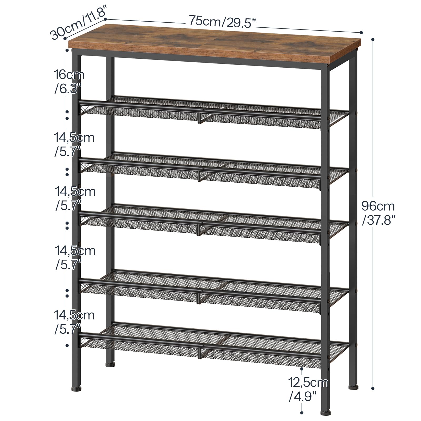 HOOBRO Zapatero, Estantería Zapatero de 6 Niveles, Repisas de Malla Metálica Ajustables, Capacidad para 20-24 Pares, Resistente, Estante Superior Espacioso, Metálico, Marrón Rústico y Negro EBF60XJ01