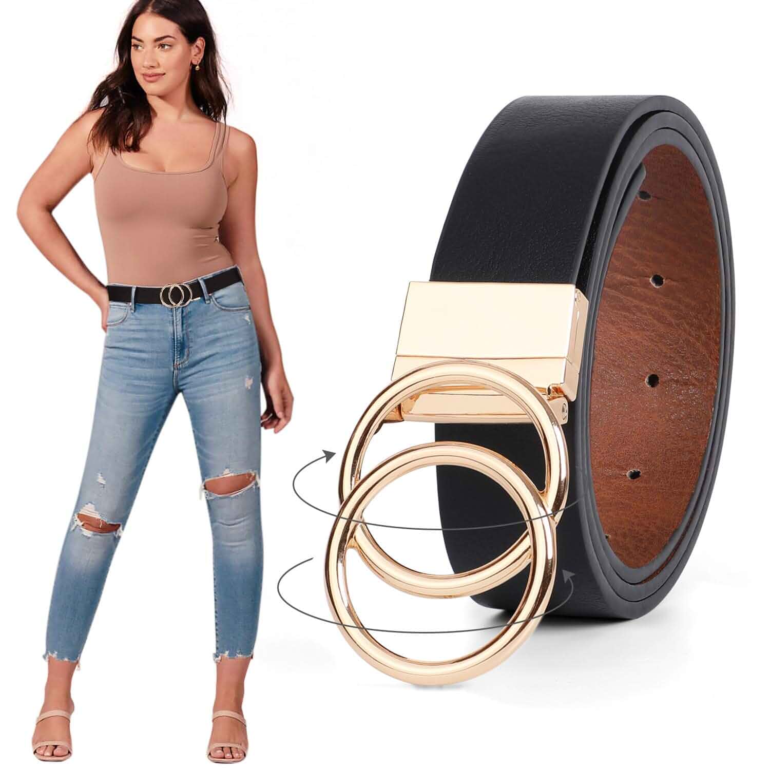 JASGOOD Women Leather Belt,Reversible Belt,Leather Waist Belt for Jeans Dress with Gold Double O Ring Rotate Buckle