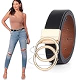 Women Leather Belt,Reversible Belt,Leather Waist Belt for Jeans Dress with Gold Double O Ring Rotate Buckle