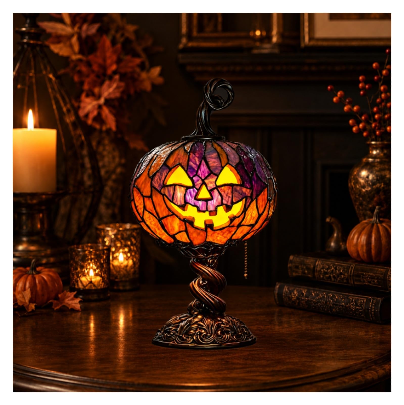 Halloween Pumpkin Lamp, Stained Glass Style USB Jack-O-Lantern Light