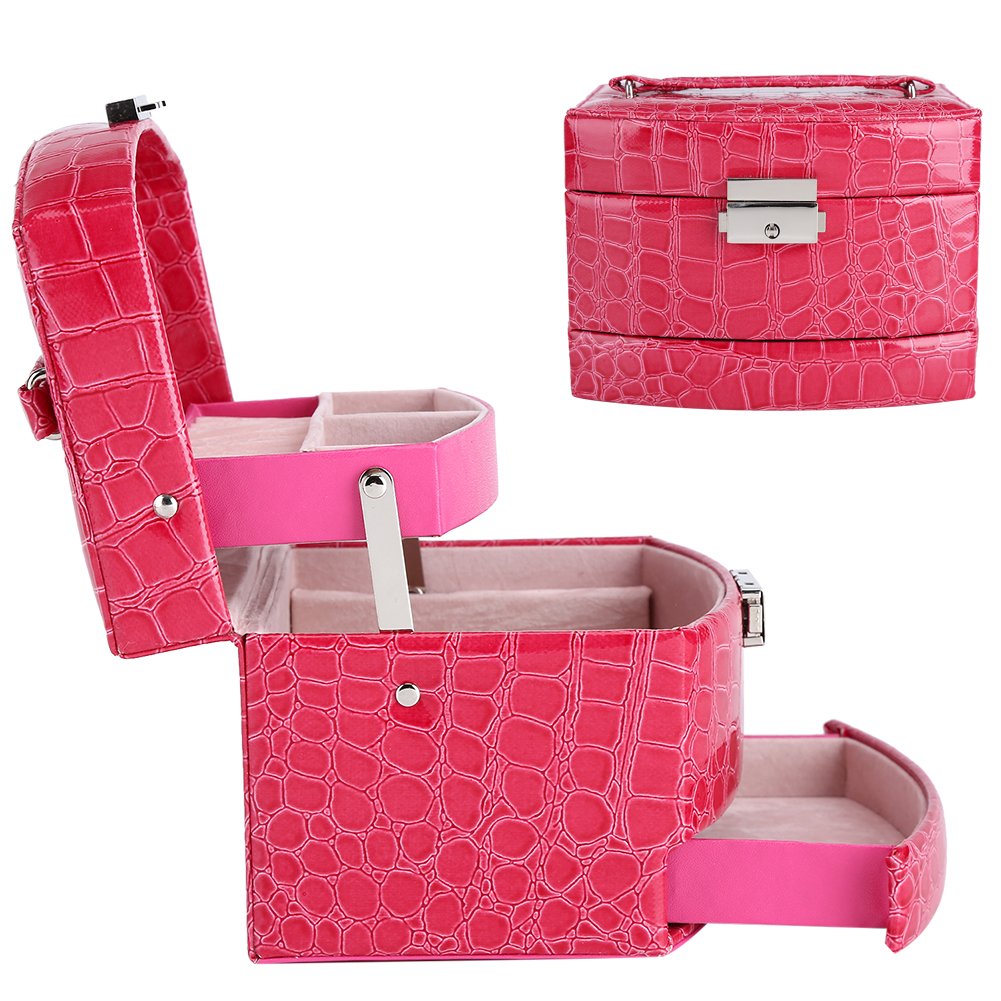 Yosoo 3 strati Jewelry Box con specchio e manico per collane, anelli, collana, ciondoli, spille Storage Rose Red