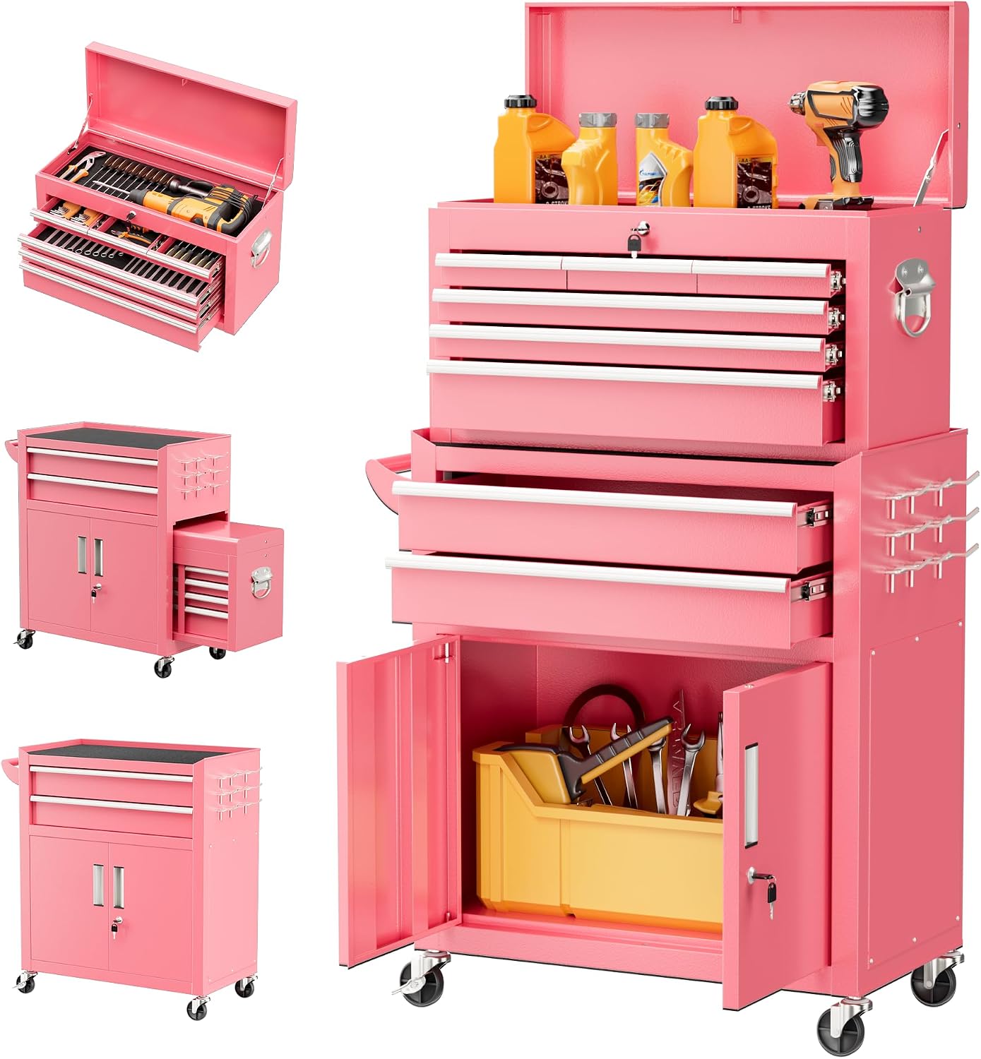 8-Drawer Rolling Tool Chest & Cabinet with Lock and Wheels, Pink
