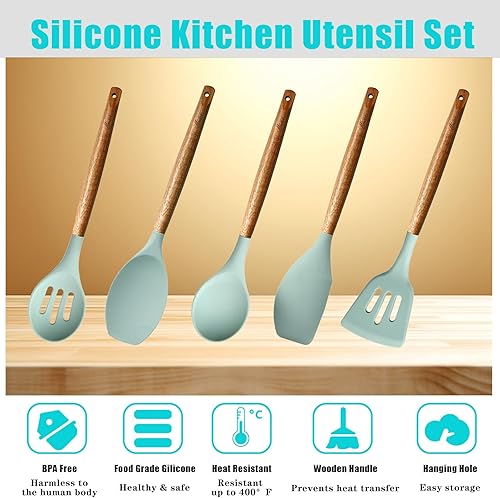 Miniatura 2 de Juego de utensilios de cocina, juego de utensilios de cocina de silicona, espátula de silicona antiadherente con mango de madera dura de acacia