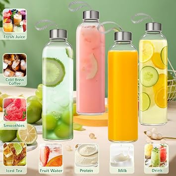 UPBUD 12 Pack 18oz Clear Glass Bottles for Juicing with Airtight Caps