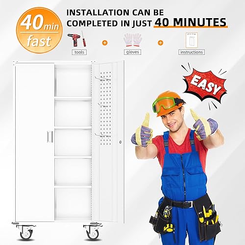 Vista 35 de INTERGREAT Armario de almacenamiento de metal, armarios de acero con cerradura de 72 pulgadas de alto con puertas de bloqueo, armario de Gris blanco