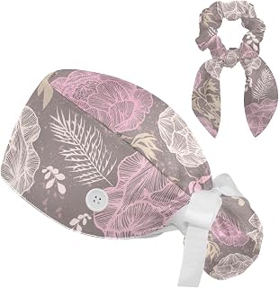 2 Pieces Surgical Cap for Long Hair Scrub Cap with Hairband Nurse Cap, Vintage Pattern Peony Flower